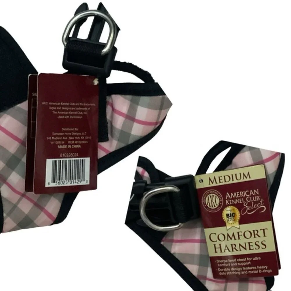American Kennel Club Dog Harness Vest Designer Tartan Plaid Sherpa Lined Pink M